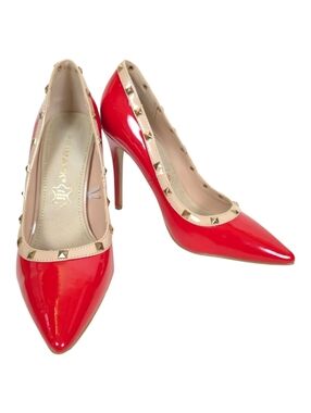 Primark Red Patent Studded Pumps Pointed Toe Stiletto Leather Heels Size 7